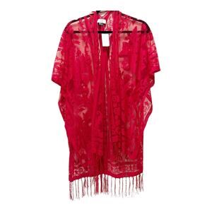David and Young Red Floral Lace Fringe Kimono Burgundy Style ATO4050 OS NWT